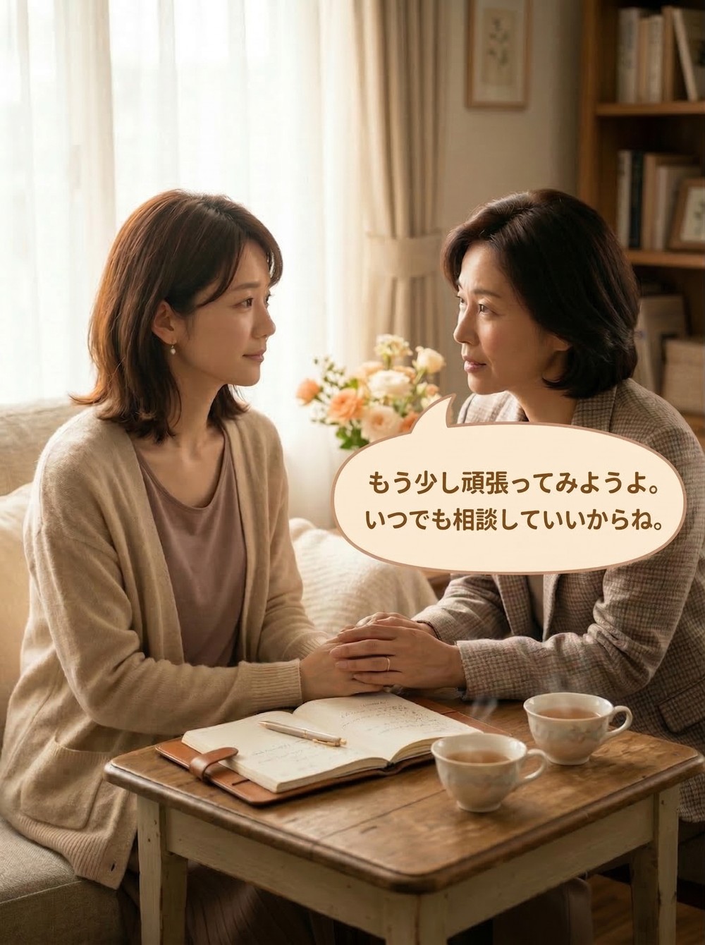 カウンセラーと女性が寄り添う